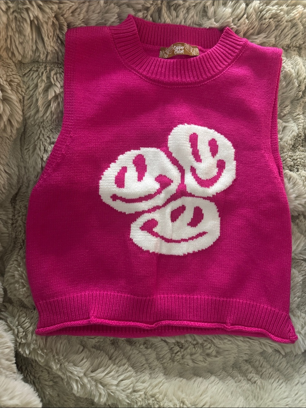Bright Pink Smiley Knit Crop Vest - Casual Women's Tank